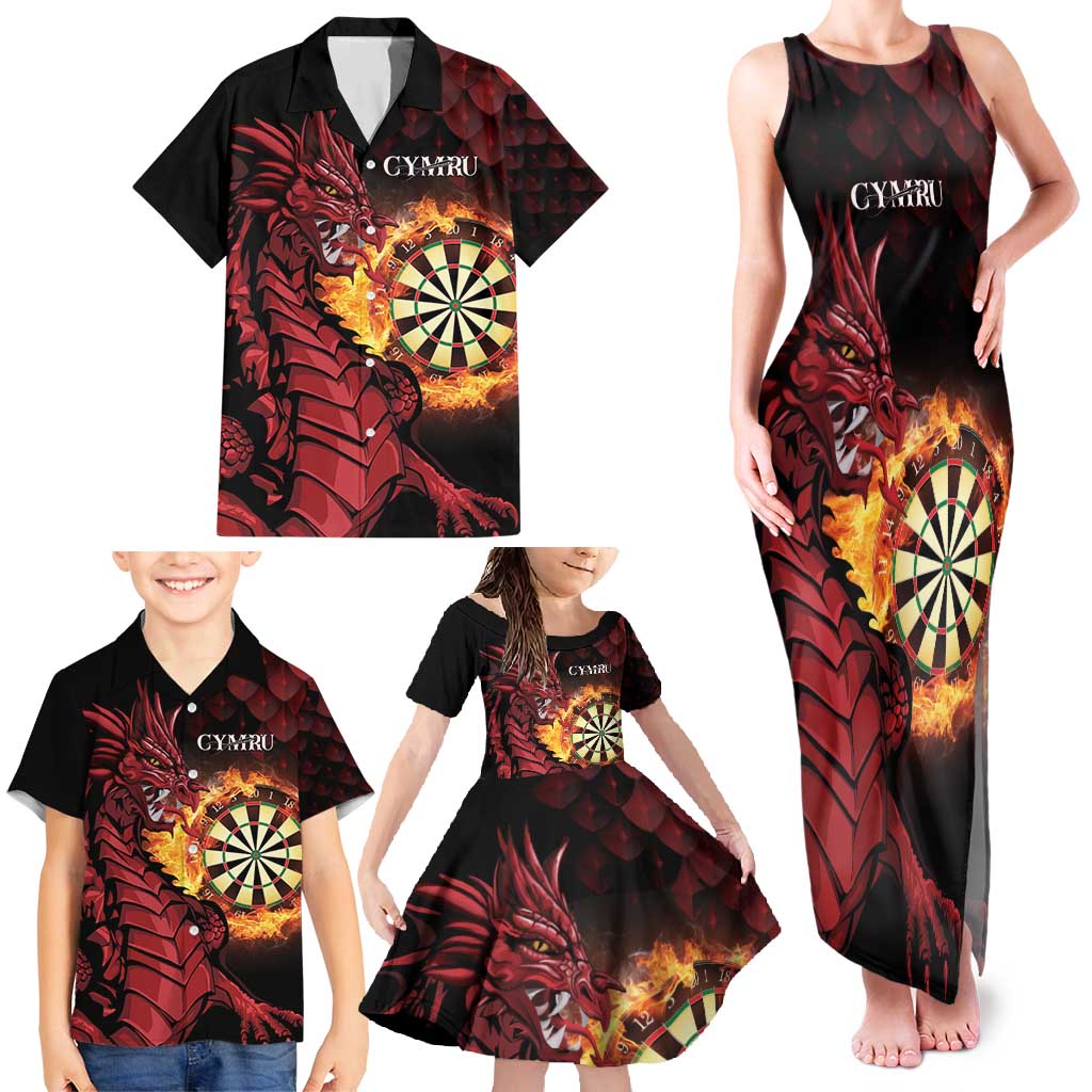Wales Darts Personalised Family Matching Tank Maxi Dress and Hawaiian Shirt Red Dragon Cymru Am Byth