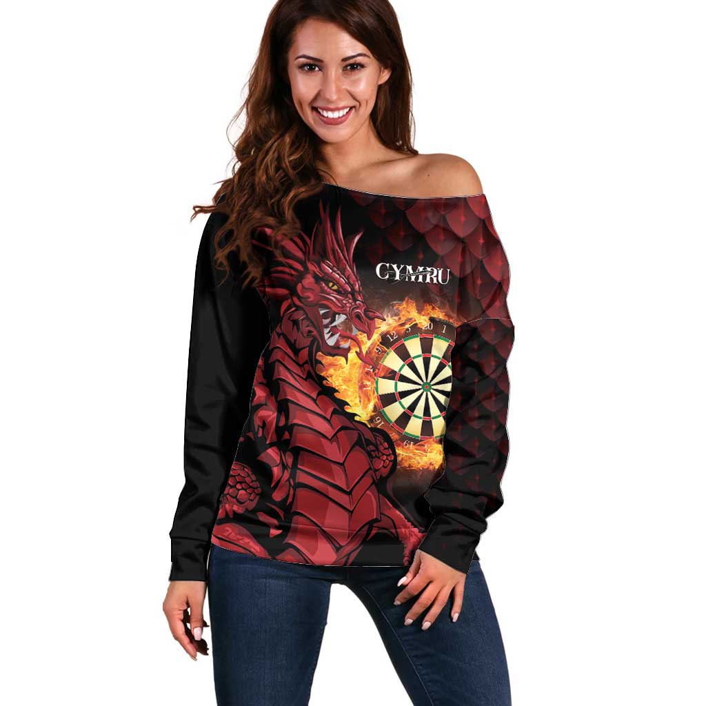 Wales Darts Personalised Off Shoulder Sweater Red Dragon Cymru Am Byth