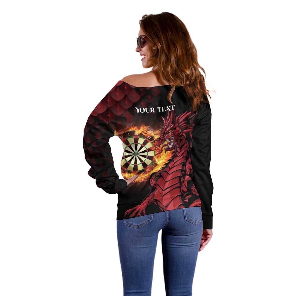 Wales Darts Personalised Off Shoulder Sweater Red Dragon Cymru Am Byth