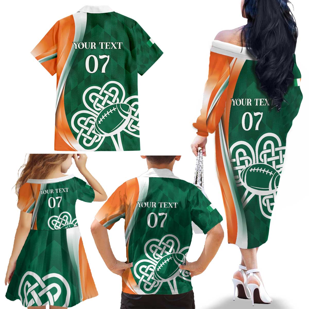 Éire Rugby Celtic Shamrock Family Matching Off The Shoulder Long Sleeve Dress and Hawaiian Shirt Ireland's Call