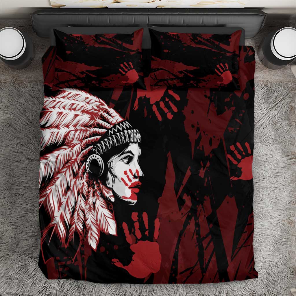 Native American MMIW Bedding Set Red Handprint Grunge Style