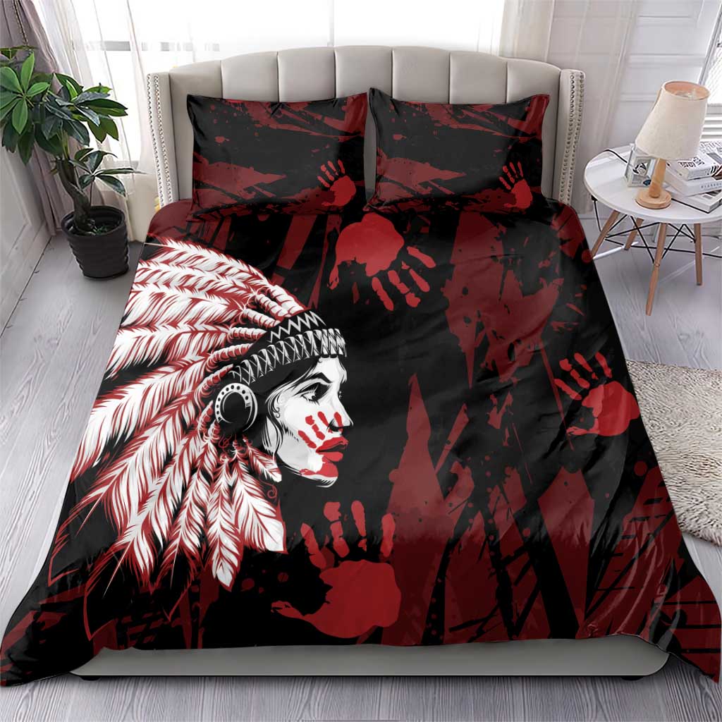 Native American MMIW Bedding Set Red Handprint Grunge Style