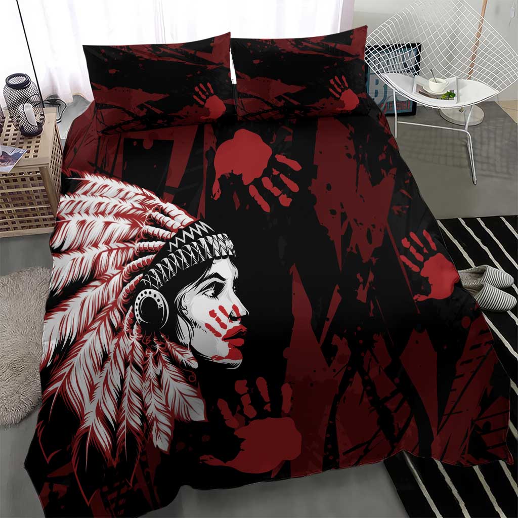Native American MMIW Bedding Set Red Handprint Grunge Style