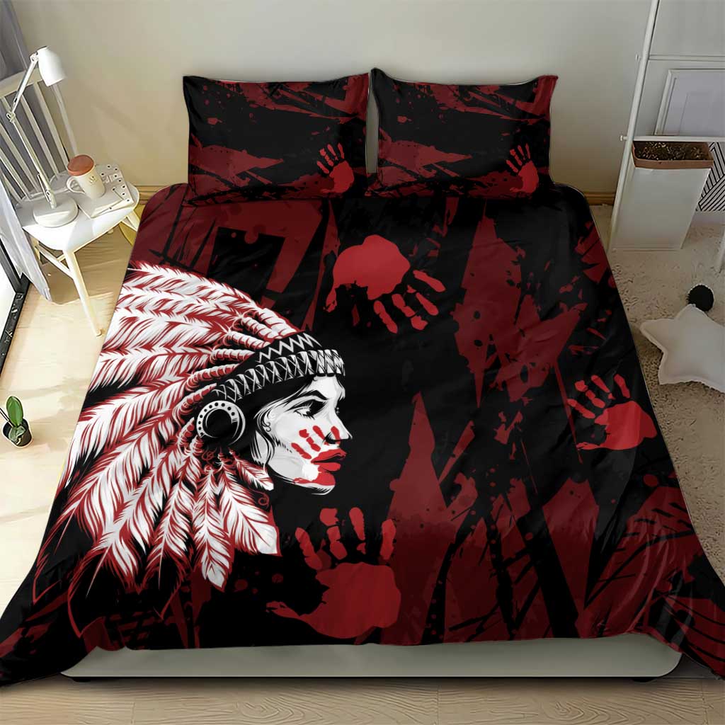 Native American MMIW Bedding Set Red Handprint Grunge Style