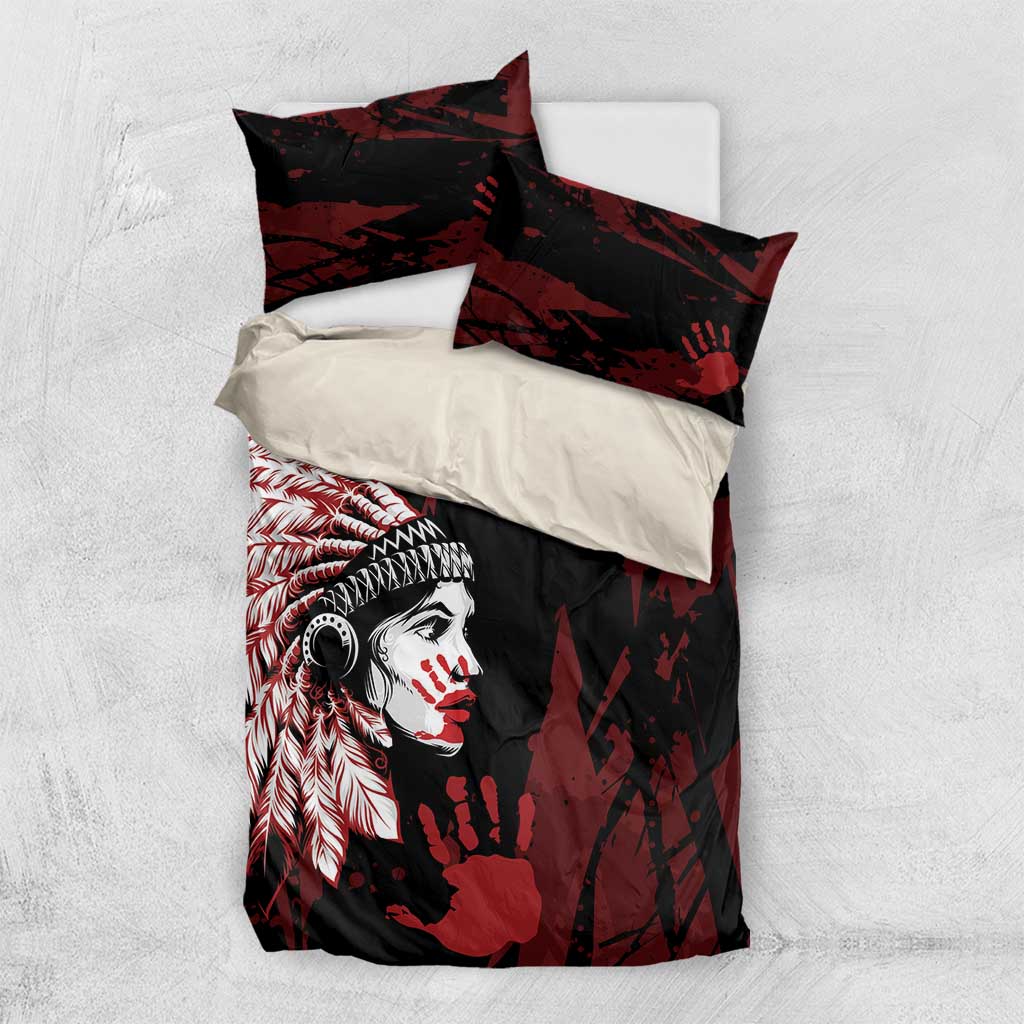 Native American MMIW Bedding Set Red Handprint Grunge Style
