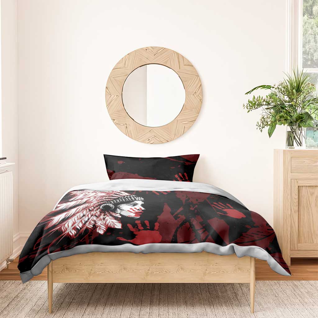 Native American MMIW Bedding Set Red Handprint Grunge Style