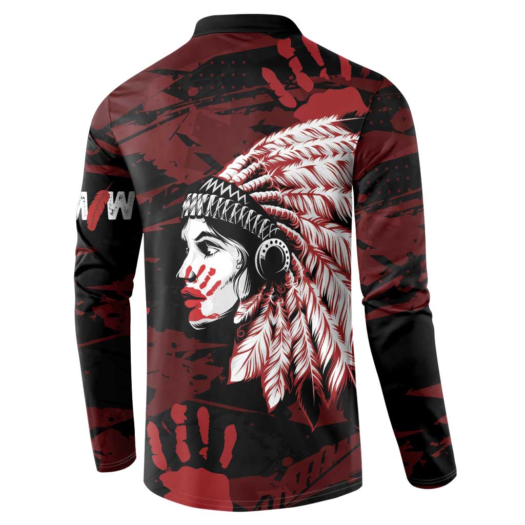 Native American MMIW Button Sweatshirt Red Handprint Grunge Style