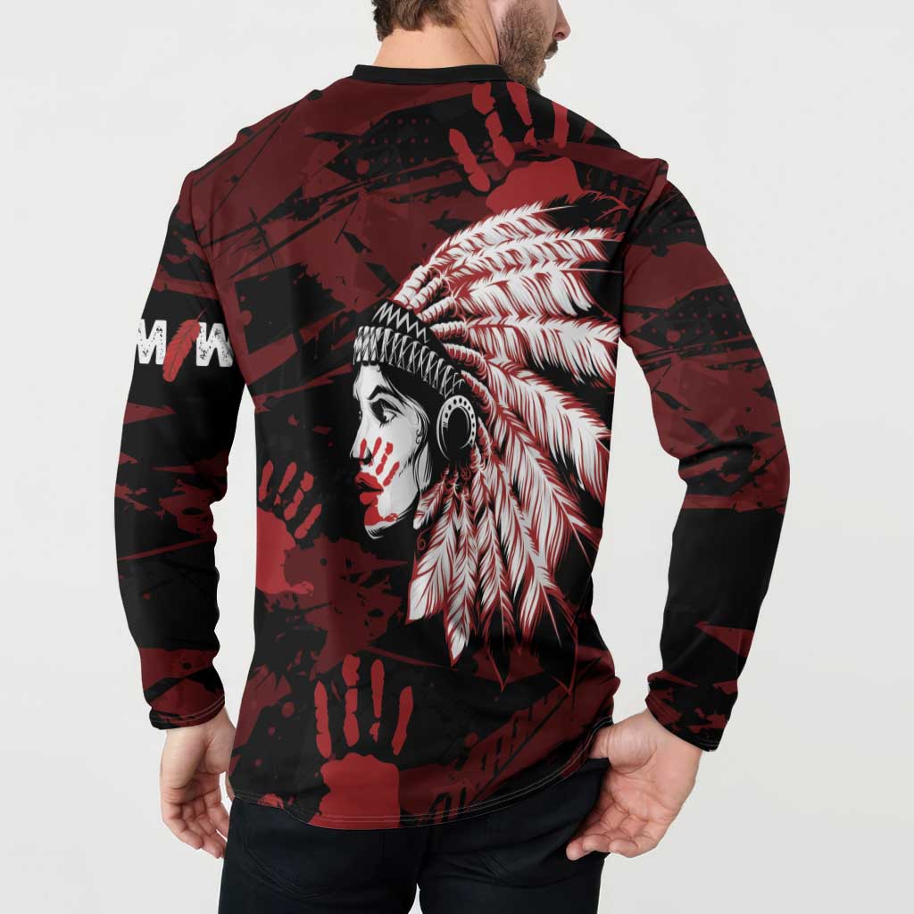 Native American MMIW Button Sweatshirt Red Handprint Grunge Style