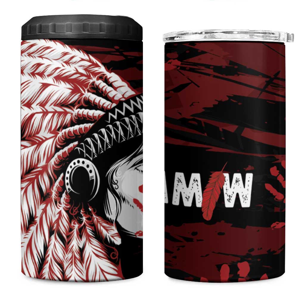 Native American MMIW 4 in 1 Can Cooler Tumbler Red Handprint Grunge Style