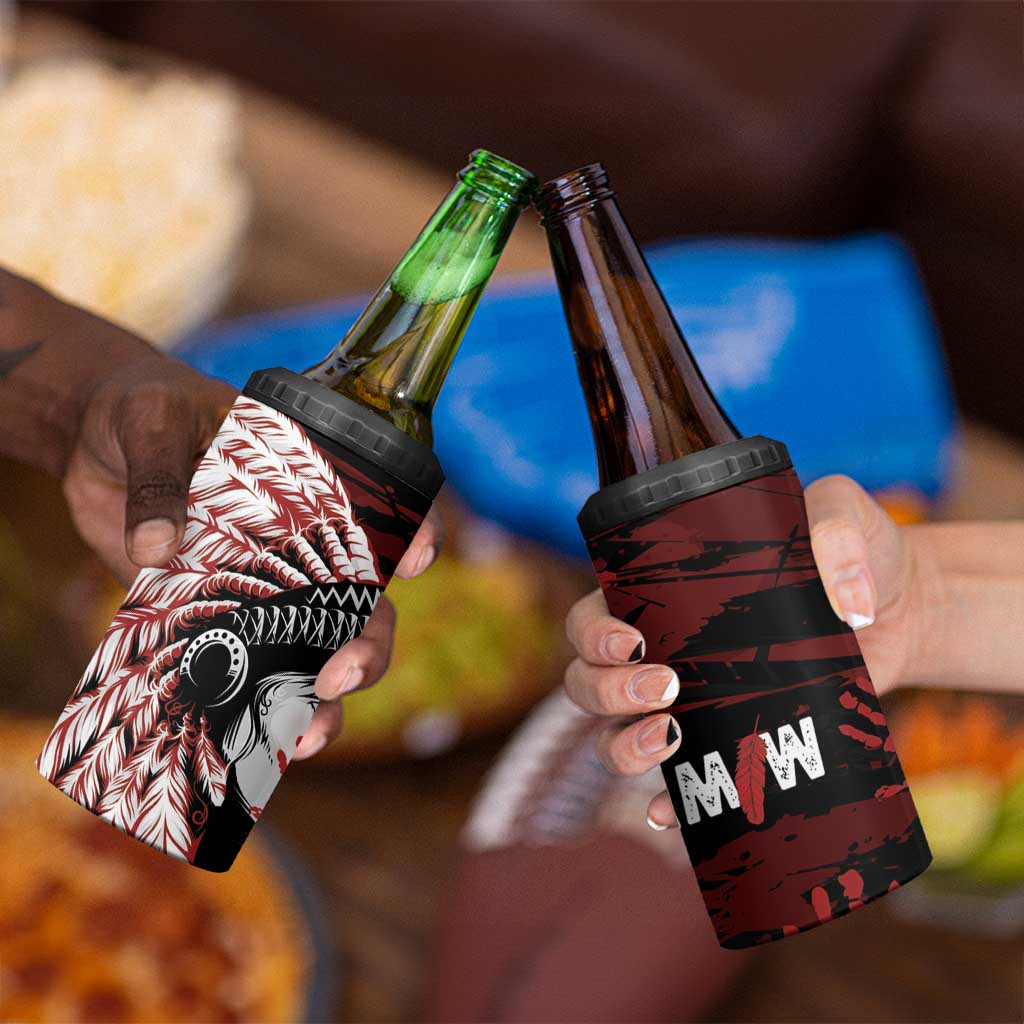 Native American MMIW 4 in 1 Can Cooler Tumbler Red Handprint Grunge Style