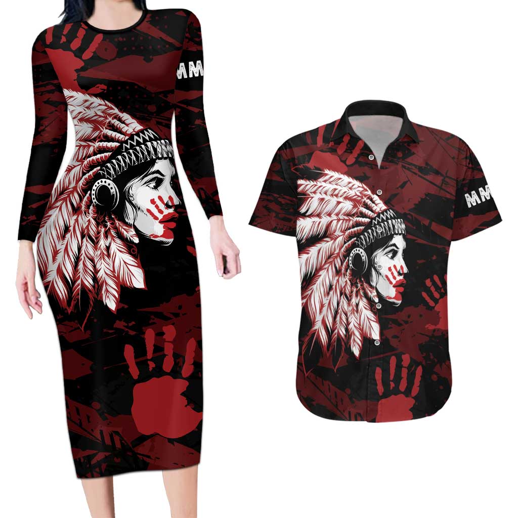 Native American MMIW Couples Matching Long Sleeve Bodycon Dress and Hawaiian Shirt Red Handprint Grunge Style