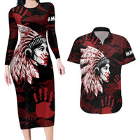 Native American MMIW Couples Matching Long Sleeve Bodycon Dress and Hawaiian Shirt Red Handprint Grunge Style