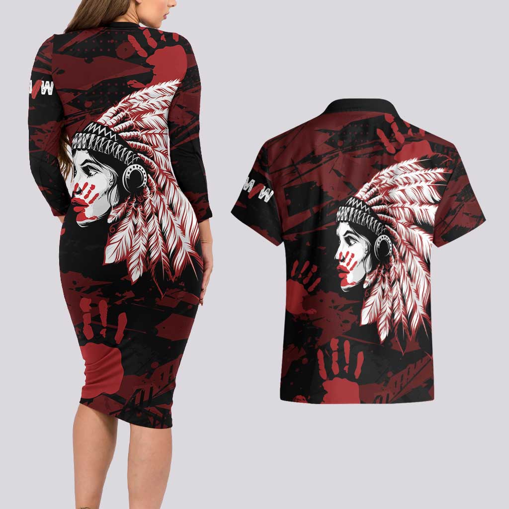 Native American MMIW Couples Matching Long Sleeve Bodycon Dress and Hawaiian Shirt Red Handprint Grunge Style