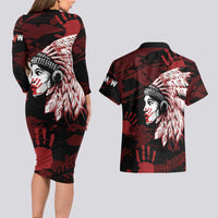 Native American MMIW Couples Matching Long Sleeve Bodycon Dress and Hawaiian Shirt Red Handprint Grunge Style