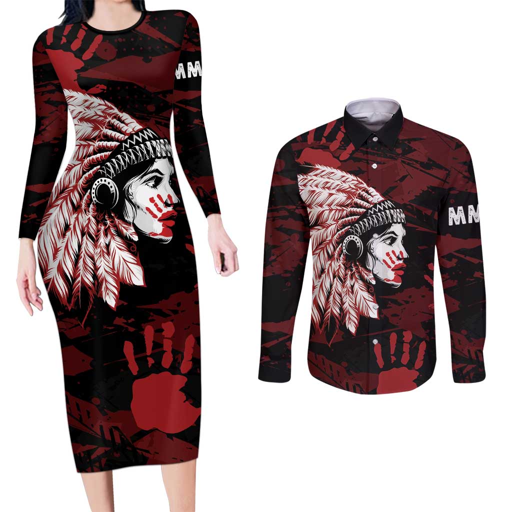 Native American MMIW Couples Matching Long Sleeve Bodycon Dress and Long Sleeve Button Shirt Red Handprint Grunge Style