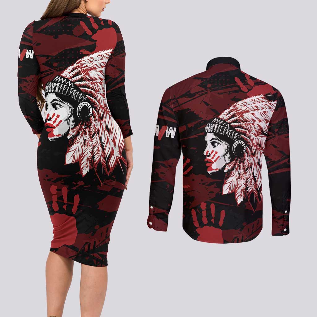 Native American MMIW Couples Matching Long Sleeve Bodycon Dress and Long Sleeve Button Shirt Red Handprint Grunge Style