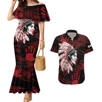 Native American MMIW Couples Matching Mermaid Dress and Hawaiian Shirt Red Handprint Grunge Style
