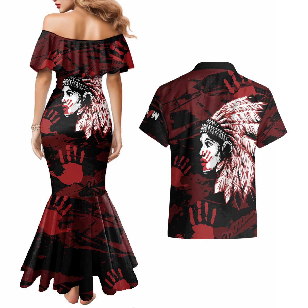 Native American MMIW Couples Matching Mermaid Dress and Hawaiian Shirt Red Handprint Grunge Style