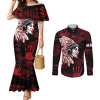 Native American MMIW Couples Matching Mermaid Dress and Long Sleeve Button Shirt Red Handprint Grunge Style