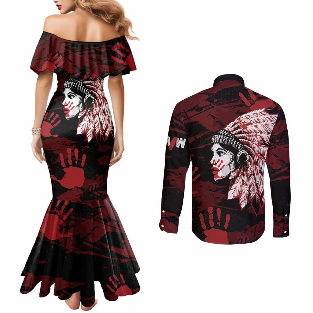 Native American MMIW Couples Matching Mermaid Dress and Long Sleeve Button Shirt Red Handprint Grunge Style