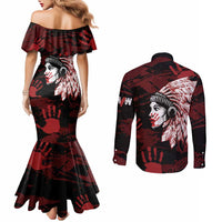 Native American MMIW Couples Matching Mermaid Dress and Long Sleeve Button Shirt Red Handprint Grunge Style