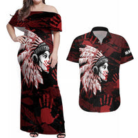 Native American MMIW Couples Matching Off Shoulder Maxi Dress and Hawaiian Shirt Red Handprint Grunge Style