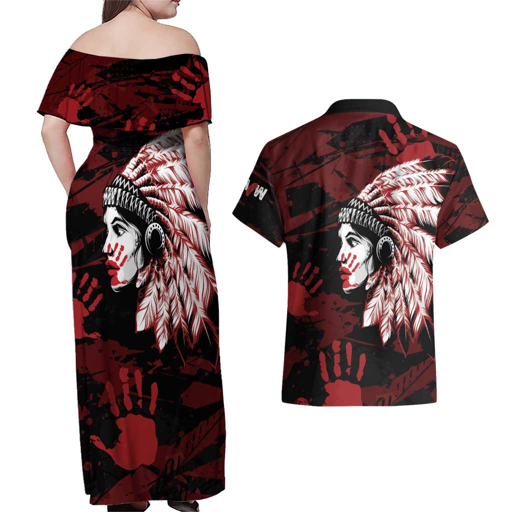 Native American MMIW Couples Matching Off Shoulder Maxi Dress and Hawaiian Shirt Red Handprint Grunge Style