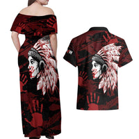 Native American MMIW Couples Matching Off Shoulder Maxi Dress and Hawaiian Shirt Red Handprint Grunge Style