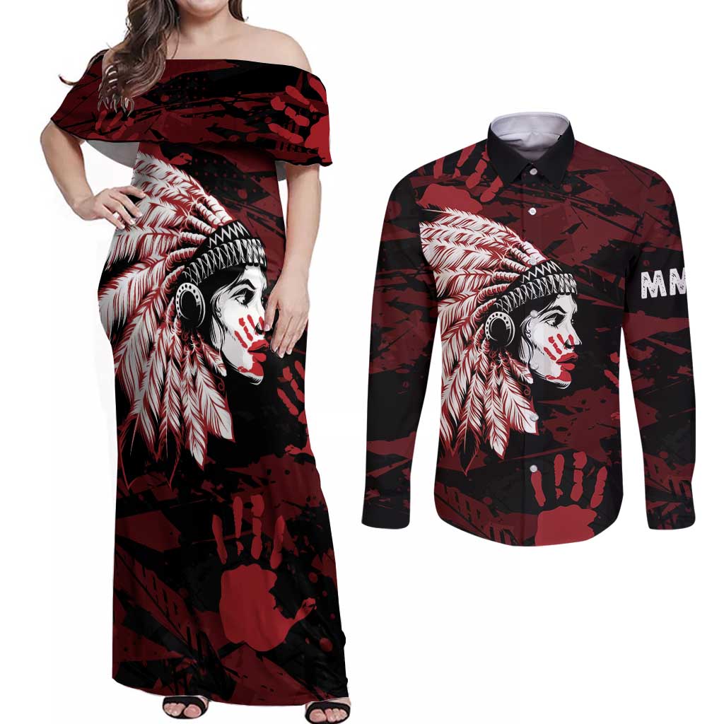 Native American MMIW Couples Matching Off Shoulder Maxi Dress and Long Sleeve Button Shirt Red Handprint Grunge Style