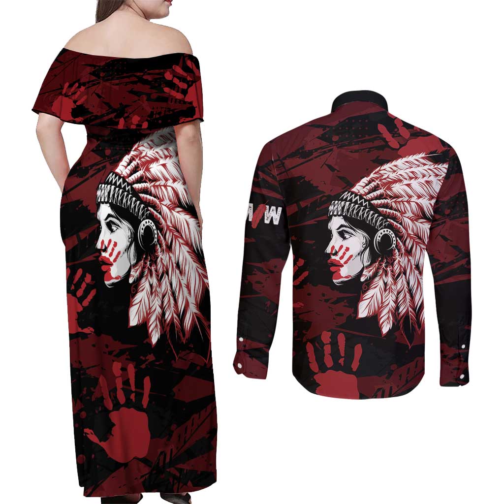 Native American MMIW Couples Matching Off Shoulder Maxi Dress and Long Sleeve Button Shirt Red Handprint Grunge Style