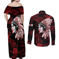 Native American MMIW Couples Matching Off Shoulder Maxi Dress and Long Sleeve Button Shirt Red Handprint Grunge Style