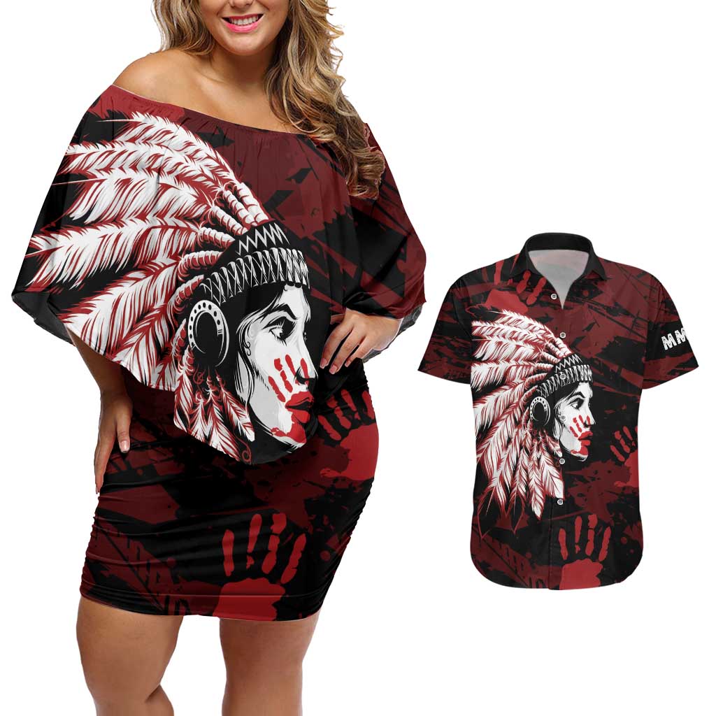 Native American MMIW Couples Matching Off Shoulder Short Dress and Hawaiian Shirt Red Handprint Grunge Style