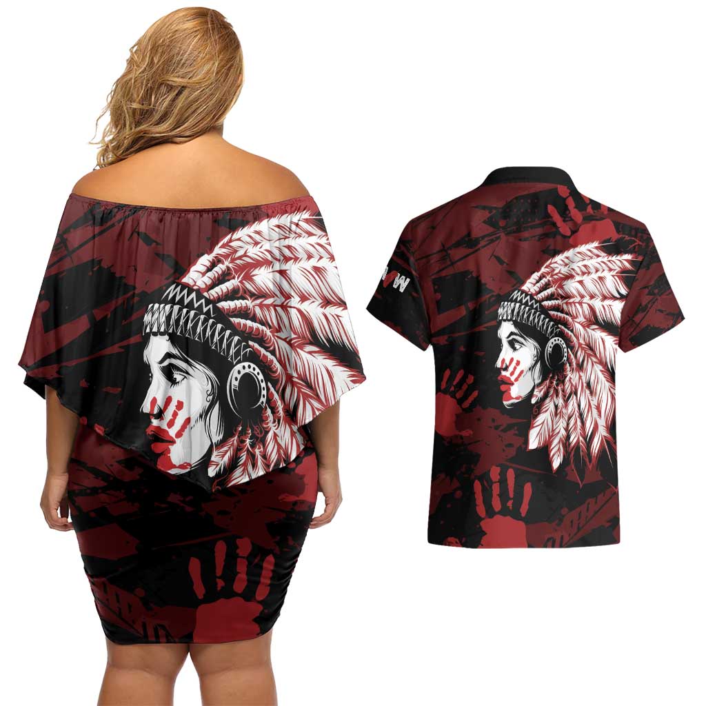 Native American MMIW Couples Matching Off Shoulder Short Dress and Hawaiian Shirt Red Handprint Grunge Style