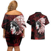 Native American MMIW Couples Matching Off Shoulder Short Dress and Hawaiian Shirt Red Handprint Grunge Style