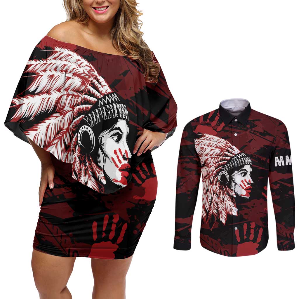 Native American MMIW Couples Matching Off Shoulder Short Dress and Long Sleeve Button Shirt Red Handprint Grunge Style