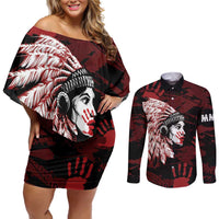 Native American MMIW Couples Matching Off Shoulder Short Dress and Long Sleeve Button Shirt Red Handprint Grunge Style