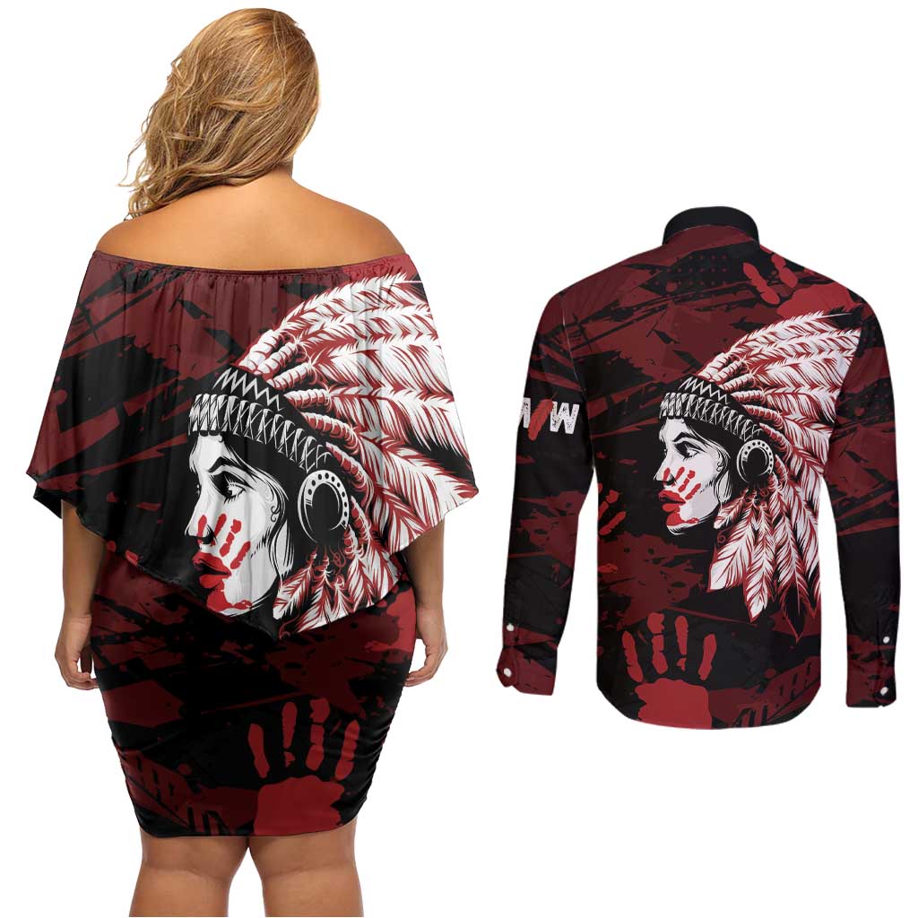 Native American MMIW Couples Matching Off Shoulder Short Dress and Long Sleeve Button Shirt Red Handprint Grunge Style