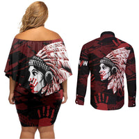 Native American MMIW Couples Matching Off Shoulder Short Dress and Long Sleeve Button Shirt Red Handprint Grunge Style
