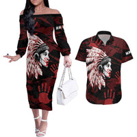 Native American MMIW Couples Matching Off The Shoulder Long Sleeve Dress and Hawaiian Shirt Red Handprint Grunge Style