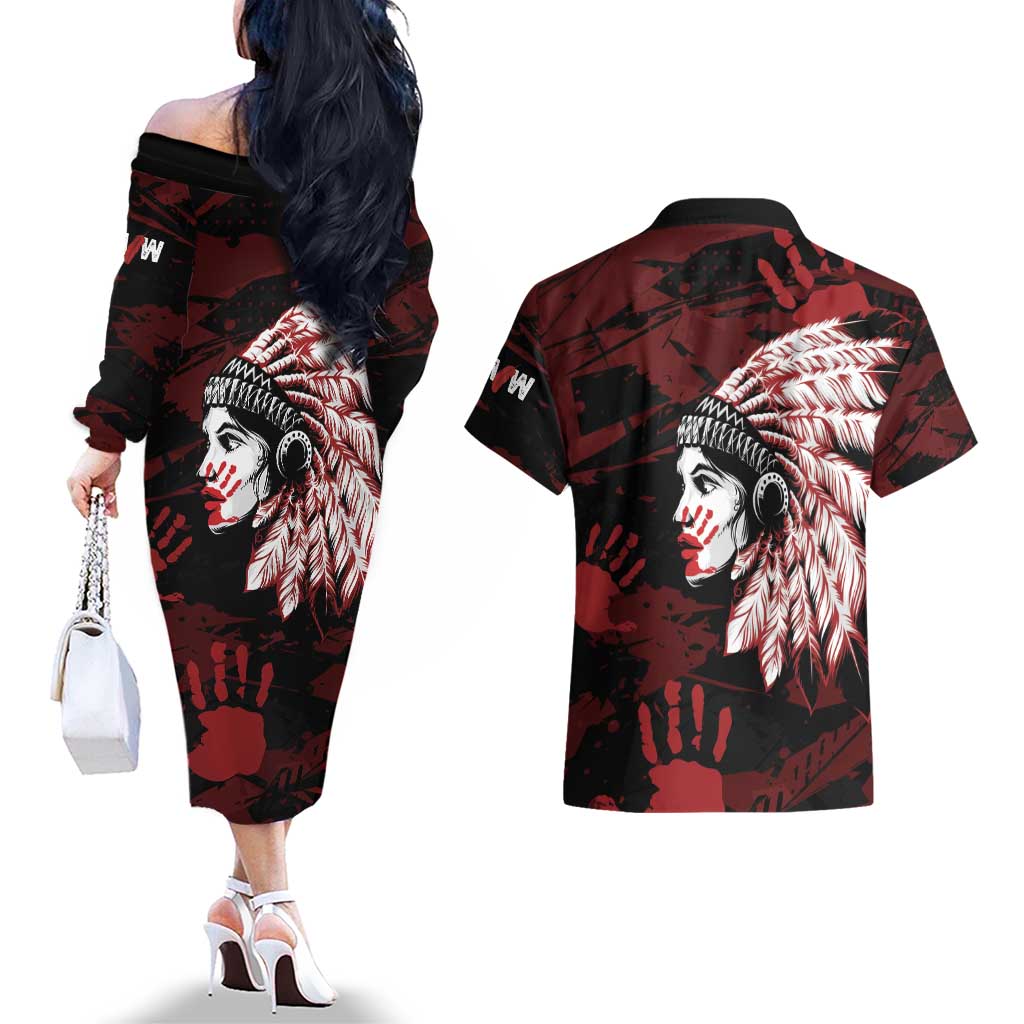 Native American MMIW Couples Matching Off The Shoulder Long Sleeve Dress and Hawaiian Shirt Red Handprint Grunge Style