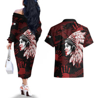 Native American MMIW Couples Matching Off The Shoulder Long Sleeve Dress and Hawaiian Shirt Red Handprint Grunge Style