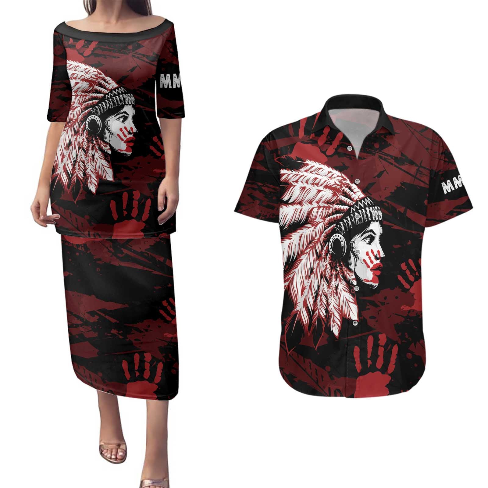 Native American MMIW Couples Matching Puletasi and Hawaiian Shirt Red Handprint Grunge Style
