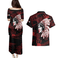 Native American MMIW Couples Matching Puletasi and Hawaiian Shirt Red Handprint Grunge Style