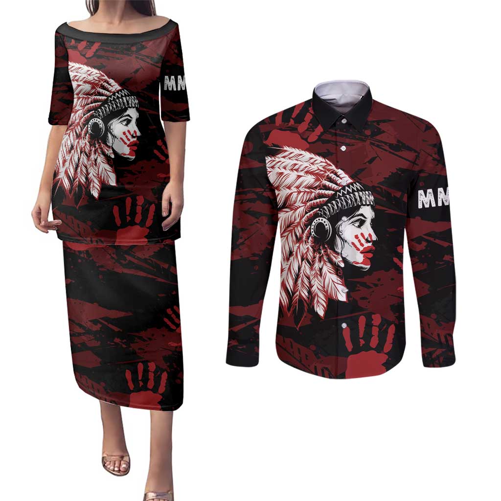 Native American MMIW Couples Matching Puletasi and Long Sleeve Button Shirt Red Handprint Grunge Style