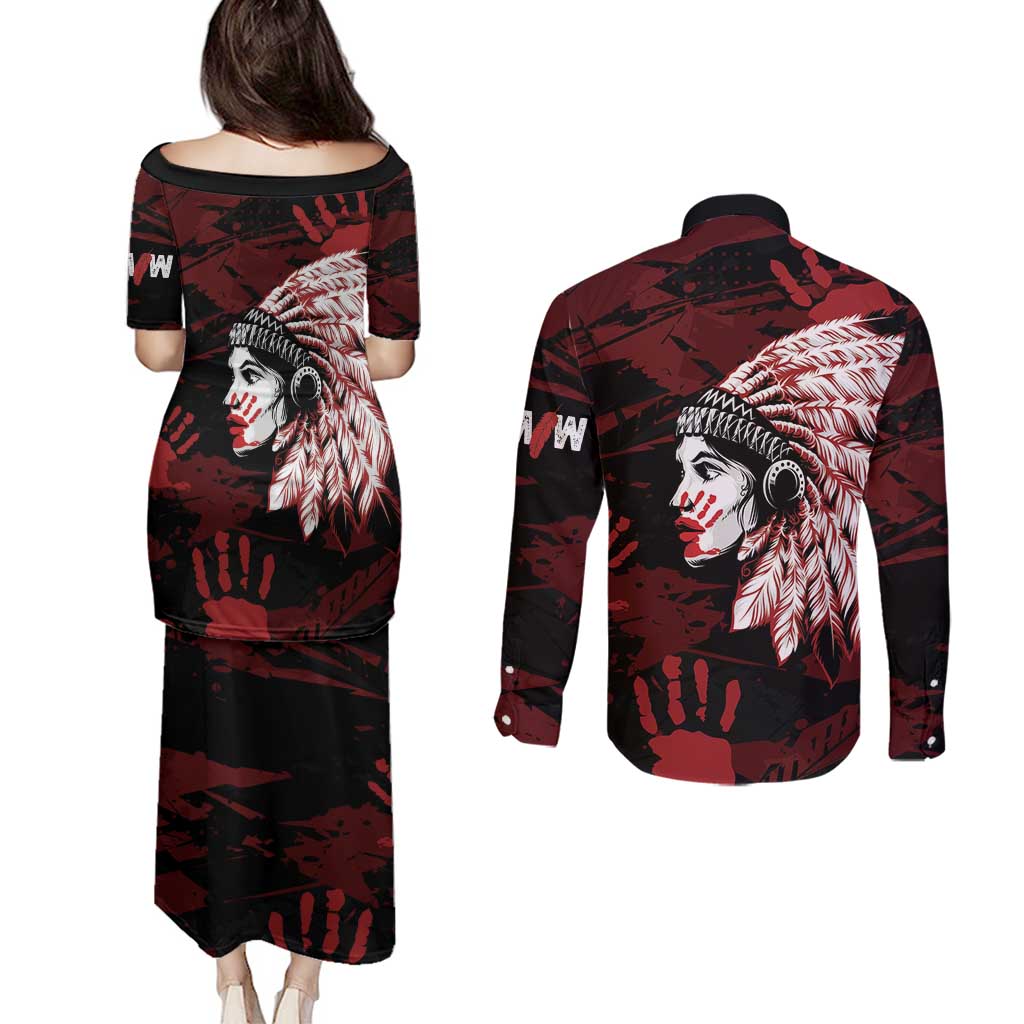 Native American MMIW Couples Matching Puletasi and Long Sleeve Button Shirt Red Handprint Grunge Style