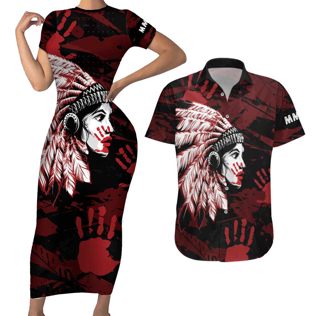 Native American MMIW Couples Matching Short Sleeve Bodycon Dress and Hawaiian Shirt Red Handprint Grunge Style