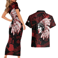Native American MMIW Couples Matching Short Sleeve Bodycon Dress and Hawaiian Shirt Red Handprint Grunge Style