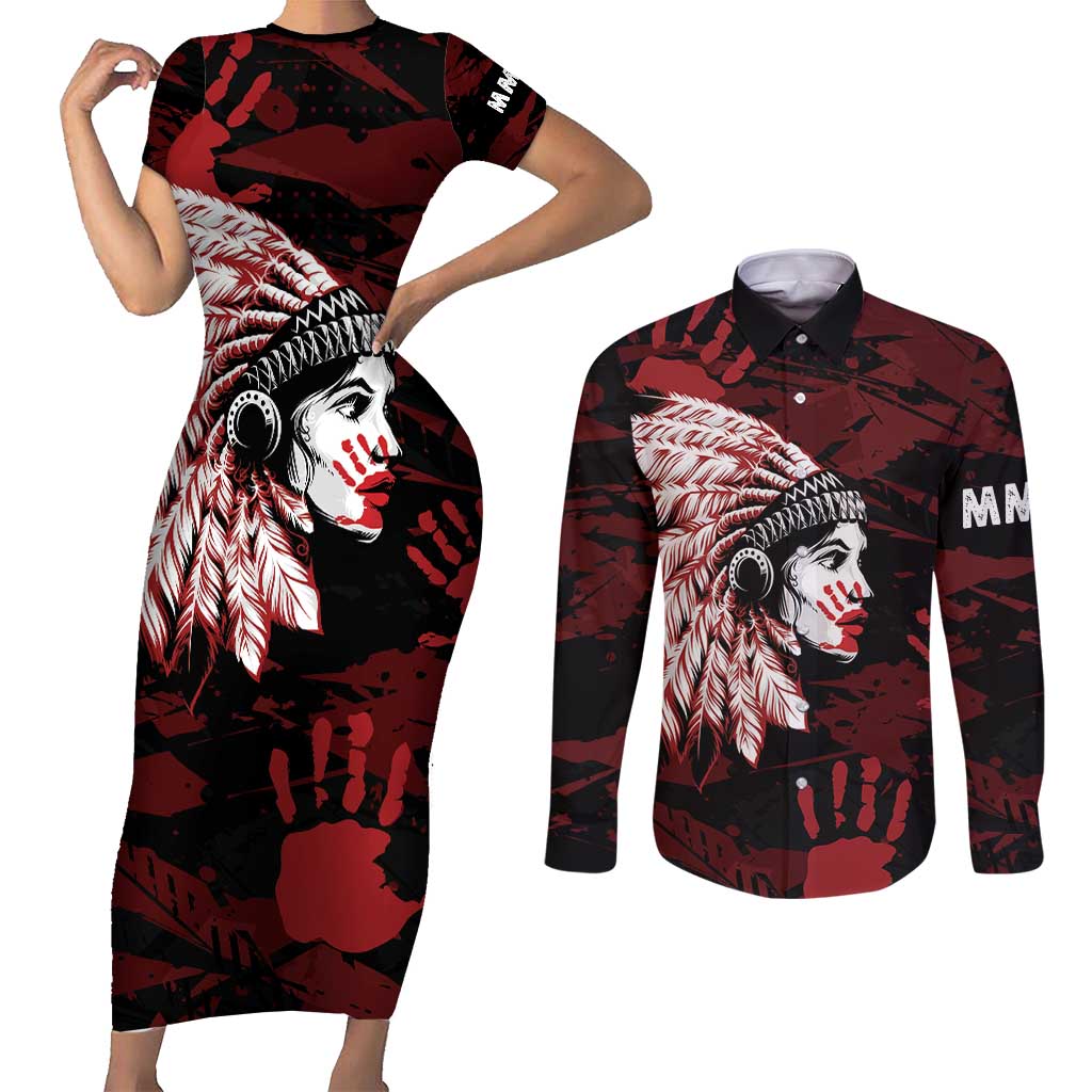 Native American MMIW Couples Matching Short Sleeve Bodycon Dress and Long Sleeve Button Shirt Red Handprint Grunge Style