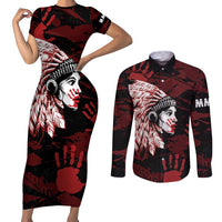 Native American MMIW Couples Matching Short Sleeve Bodycon Dress and Long Sleeve Button Shirt Red Handprint Grunge Style
