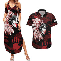 Native American MMIW Couples Matching Summer Maxi Dress and Hawaiian Shirt Red Handprint Grunge Style